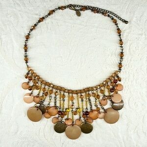 Vtg Premier Designs Free Fall Fringe Necklace Brass Discs Amber Crystals Lucite